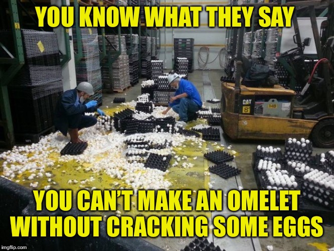 Boy have they got egg in their face | YOU KNOW WHAT THEY SAY; YOU CAN’T MAKE AN OMELET WITHOUT CRACKING SOME EGGS | image tagged in bad day at work | made w/ Imgflip meme maker