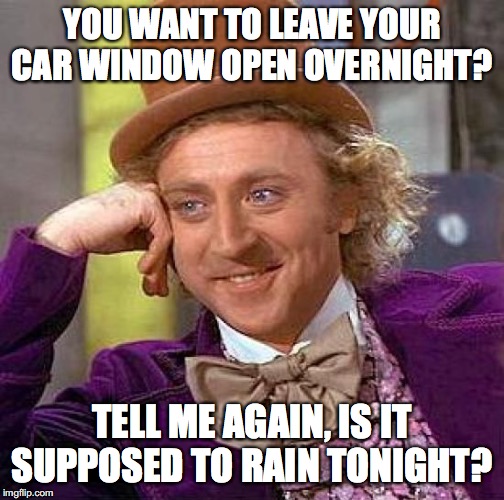 There has been a lot of rain where I live lately! | YOU WANT TO LEAVE YOUR CAR WINDOW OPEN OVERNIGHT? TELL ME AGAIN, IS IT SUPPOSED TO RAIN TONIGHT? | image tagged in memes,creepy condescending wonka,rain,car window | made w/ Imgflip meme maker