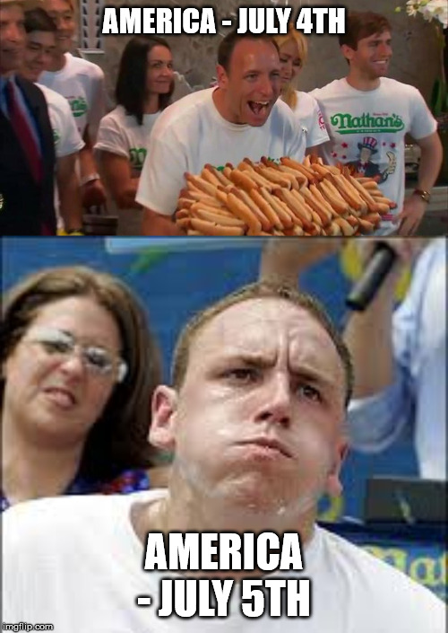 AMERICA - JULY 4TH; AMERICA - JULY 5TH | image tagged in independence day,hangover,funny | made w/ Imgflip meme maker