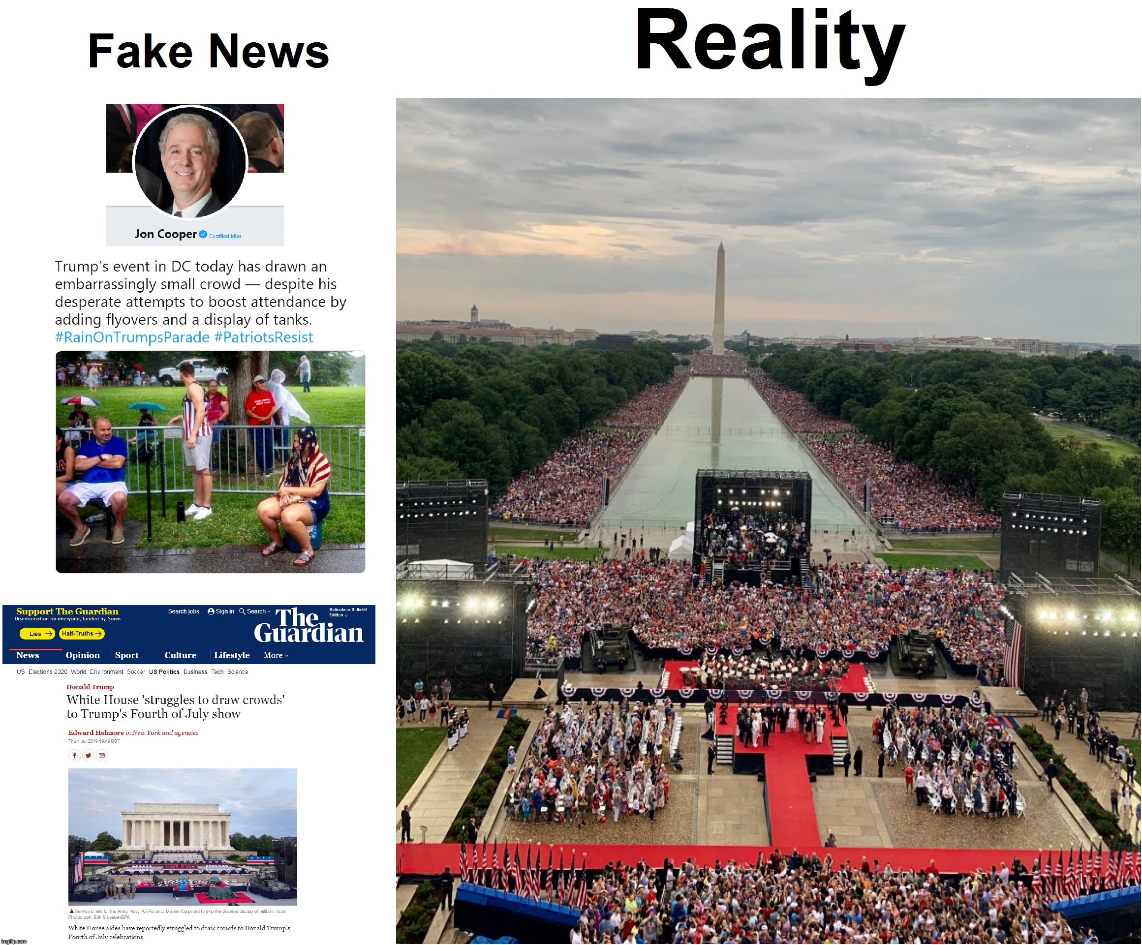 Fake news vs Reality.  Despite the rain, there were 10s of thousands at the salute to America! | . | image tagged in maga | made w/ Imgflip meme maker