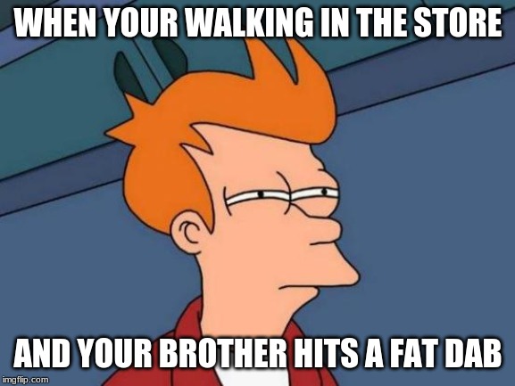 Futurama Fry Meme | WHEN YOUR WALKING IN THE STORE; AND YOUR BROTHER HITS A FAT DAB | image tagged in memes,futurama fry | made w/ Imgflip meme maker