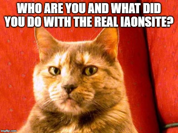 Suspicious Cat Meme | WHO ARE YOU AND WHAT DID YOU DO WITH THE REAL IAONSITE? | image tagged in memes,suspicious cat | made w/ Imgflip meme maker