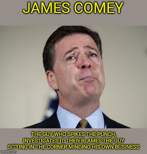 Firing him was the right thing for the country and for all Americans. | JAMES COMEY; THE GUY WHO SPIKES THE PUNCH, INVESTIGATES IT, THEN BLAMES THE GUY SITTING IN THE CORNER MINDING HIS OWN BUSINESS | image tagged in james comey crying | made w/ Imgflip meme maker