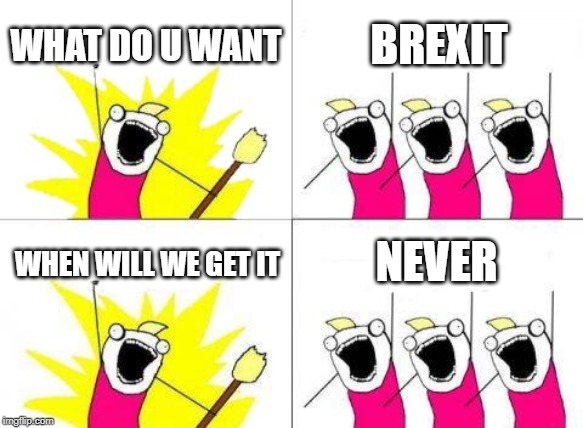 What Do We Want Meme | WHAT DO U WANT; BREXIT; NEVER; WHEN WILL WE GET IT | image tagged in memes,what do we want | made w/ Imgflip meme maker