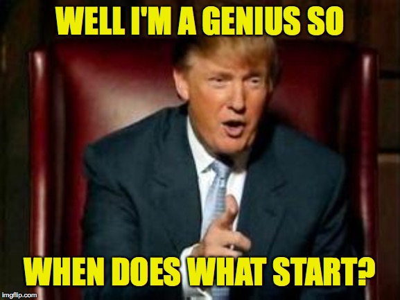 Donald Trump | WELL I'M A GENIUS SO WHEN DOES WHAT START? | image tagged in donald trump | made w/ Imgflip meme maker