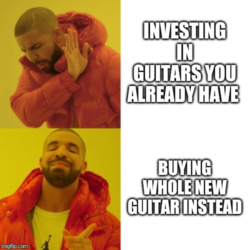Drake Blank | INVESTING IN GUITARS YOU ALREADY HAVE; BUYING WHOLE NEW GUITAR INSTEAD | image tagged in drake blank | made w/ Imgflip meme maker