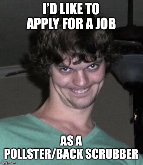 Creepy guy  | I’D LIKE TO APPLY FOR A JOB AS A POLLSTER/BACK SCRUBBER | image tagged in creepy guy | made w/ Imgflip meme maker