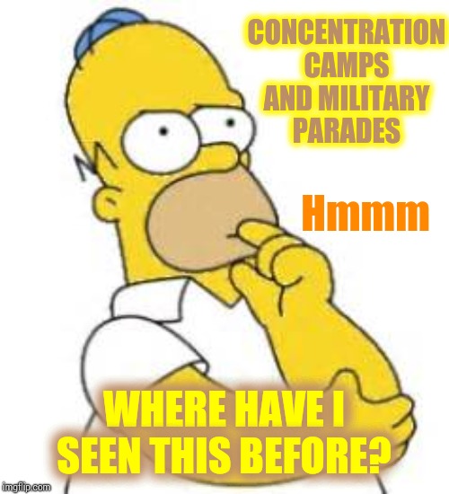 It's On The Tip Of Everyone's Tongue | CONCENTRATION CAMPS AND MILITARY PARADES; Hmmm; WHERE HAVE I SEEN THIS BEFORE? | image tagged in homer simpson hmmmm,doh,trump unfit unqualified dangerous,liar in chief,lock him up,memes | made w/ Imgflip meme maker