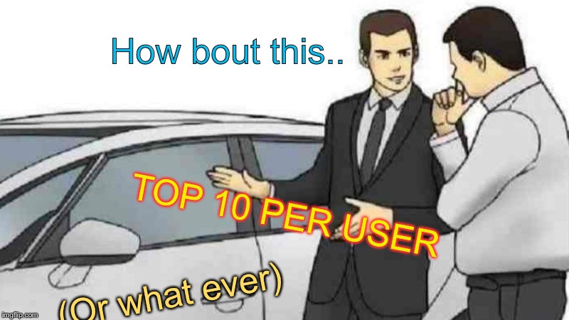 Car Salesman Slaps Roof Of Car Meme | How bout this.. TOP 10 PER USER (Or what ever) | image tagged in memes,car salesman slaps roof of car | made w/ Imgflip meme maker