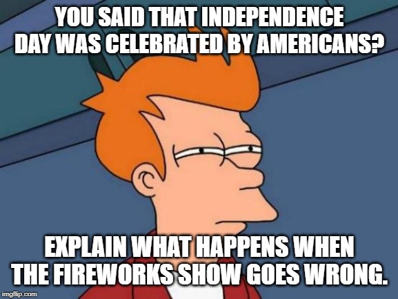 Futurama Fry | YOU SAID THAT INDEPENDENCE DAY WAS CELEBRATED BY AMERICANS? EXPLAIN WHAT HAPPENS WHEN THE FIREWORKS SHOW GOES WRONG. | image tagged in memes,futurama fry | made w/ Imgflip meme maker