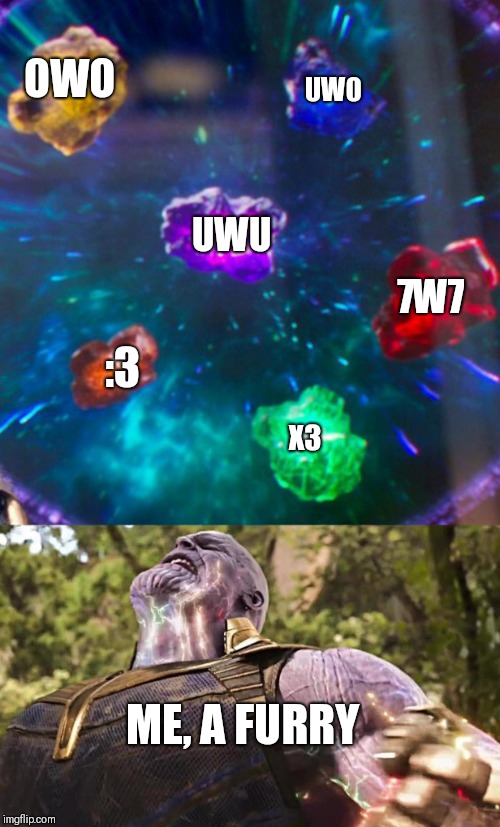 Furries <like me>during gaming chat | OWO; UWO; UWU; 7W7; :3; X3; ME, A FURRY | image tagged in thanos infinity stones | made w/ Imgflip meme maker