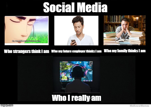 What I really do | Social Media; Who my future employer thinks I am; Who my family thinks I am; Who strangers think I am; Who I really am | image tagged in what i really do | made w/ Imgflip meme maker