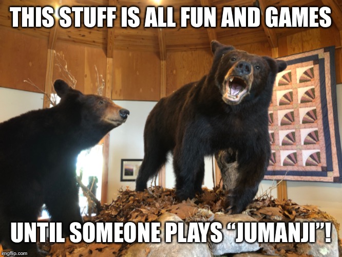 Da Bears | THIS STUFF IS ALL FUN AND GAMES; UNTIL SOMEONE PLAYS “JUMANJI”! | image tagged in jumanji,bears | made w/ Imgflip meme maker