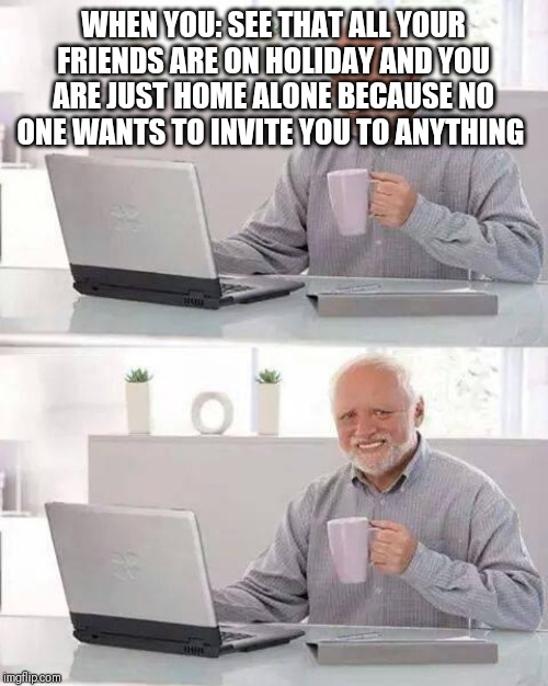 Hide the Pain Harold Meme | WHEN YOU: SEE THAT ALL YOUR FRIENDS ARE ON HOLIDAY AND YOU ARE JUST HOME ALONE BECAUSE NO ONE WANTS TO INVITE YOU TO ANYTHING | image tagged in memes,hide the pain harold | made w/ Imgflip meme maker
