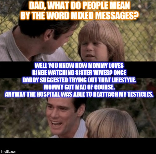 Sister Wives confuses men | DAD, WHAT DO PEOPLE MEAN BY THE WORD MIXED MESSAGES? WELL YOU KNOW HOW MOMMY LOVES BINGE WATCHING SISTER WIVES? ONCE DADDY SUGGESTED TRYING OUT THAT LIFESTYLE. MOMMY GOT MAD OF COURSE.
ANYWAY THE HOSPITAL WAS ABLE TO REATTACH MY TESTICLES. | image tagged in liar liar my teacher says | made w/ Imgflip meme maker