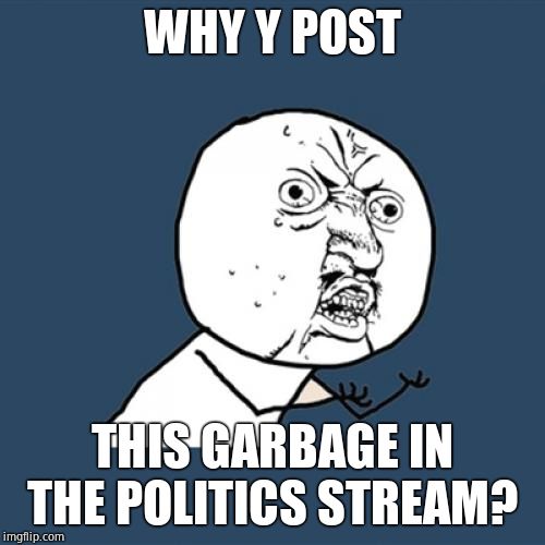 Y U No Meme | WHY Y POST THIS GARBAGE IN THE POLITICS STREAM? | image tagged in memes,y u no | made w/ Imgflip meme maker