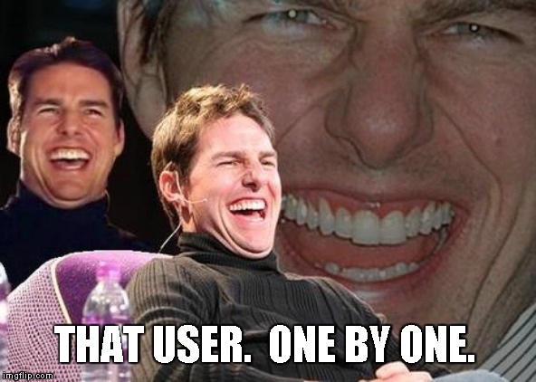 Tom Cruise laugh | THAT USER.  ONE BY ONE. | image tagged in tom cruise laugh | made w/ Imgflip meme maker
