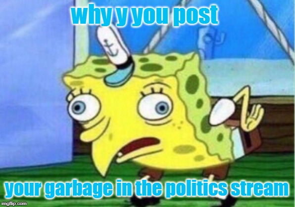 why y you post your garbage in the politics stream | image tagged in memes,mocking spongebob | made w/ Imgflip meme maker