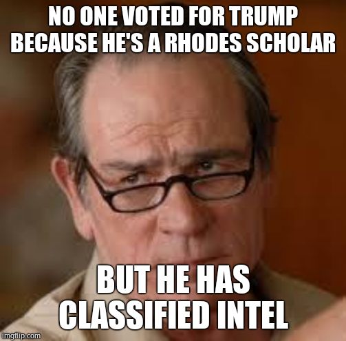 my face when someone asks a stupid question | NO ONE VOTED FOR TRUMP BECAUSE HE'S A RHODES SCHOLAR BUT HE HAS CLASSIFIED INTEL | image tagged in my face when someone asks a stupid question | made w/ Imgflip meme maker