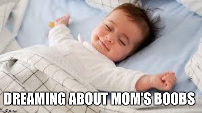 sleep well baby | DREAMING ABOUT MOM’S BOOBS | image tagged in sleep well baby | made w/ Imgflip meme maker
