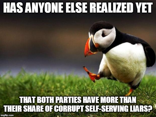 Why do people from both parties keep talking as if their own party was filled with nothing but perfect saints? | HAS ANYONE ELSE REALIZED YET; THAT BOTH PARTIES HAVE MORE THAN THEIR SHARE OF CORRUPT SELF-SERVING LIARS? | image tagged in memes,unpopular opinion puffin,republicans,democrats,lies,corruption | made w/ Imgflip meme maker