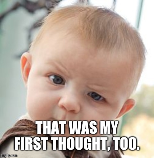 Skeptical Baby Meme | THAT WAS MY FIRST THOUGHT, TOO. | image tagged in memes,skeptical baby | made w/ Imgflip meme maker