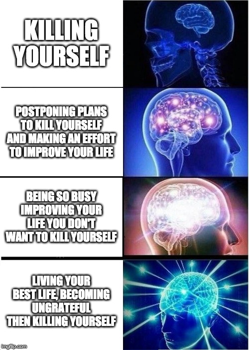 Expanding Brain | KILLING YOURSELF; POSTPONING PLANS TO KILL YOURSELF AND MAKING AN EFFORT TO IMPROVE YOUR LIFE; BEING SO BUSY IMPROVING YOUR LIFE YOU DON'T WANT TO KILL YOURSELF; LIVING YOUR BEST LIFE, BECOMING UNGRATEFUL THEN KILLING YOURSELF | image tagged in memes,expanding brain | made w/ Imgflip meme maker