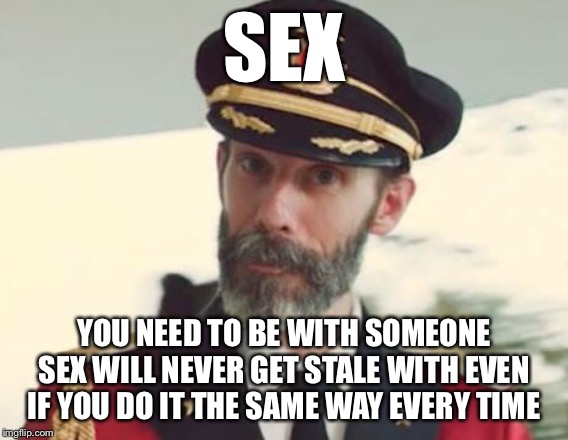 Captain Obvious | SEX YOU NEED TO BE WITH SOMEONE SEX WILL NEVER GET STALE WITH EVEN IF YOU DO IT THE SAME WAY EVERY TIME | image tagged in captain obvious | made w/ Imgflip meme maker