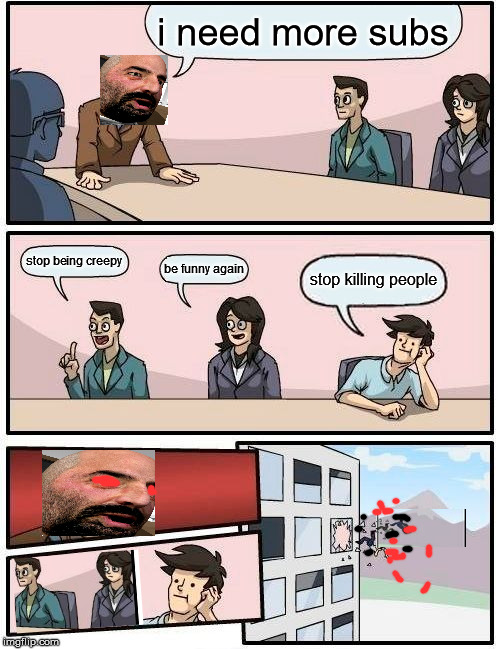pamtri in a nutshell | i need more subs; stop being creepy; be funny again; stop killing people | image tagged in memes,boardroom meeting suggestion | made w/ Imgflip meme maker
