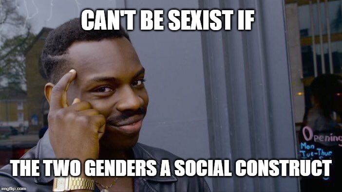 What a paradox! Also, "are a", not "a" | CAN'T BE SEXIST IF; THE TWO GENDERS A SOCIAL CONSTRUCT | image tagged in memes,roll safe think about it,politics,2 genders,dank | made w/ Imgflip meme maker