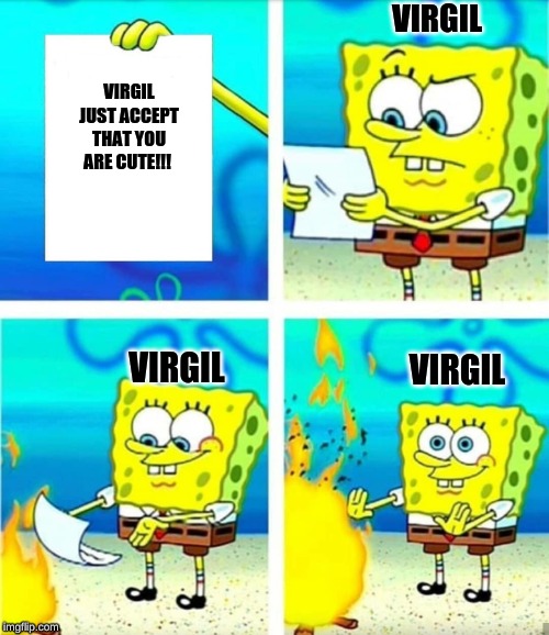 Spongebob Burn Note | VIRGIL; VIRGIL JUST ACCEPT THAT YOU ARE CUTE!!! VIRGIL; VIRGIL | image tagged in spongebob burn note | made w/ Imgflip meme maker