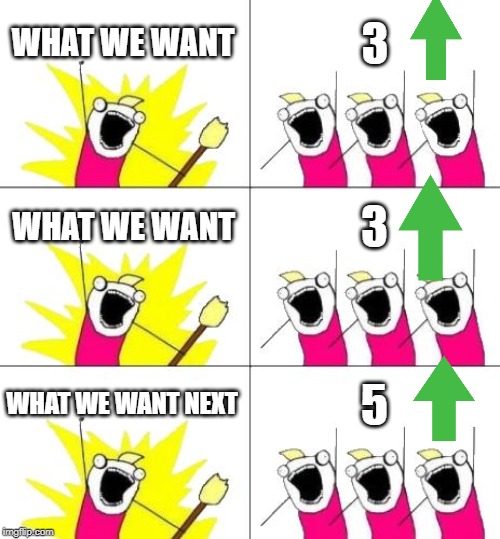 What Do We Want 3 Meme | WHAT WE WANT 3 WHAT WE WANT 3 WHAT WE WANT NEXT 5 | image tagged in memes,what do we want 3 | made w/ Imgflip meme maker