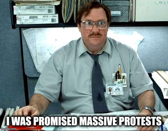 I Was Told There Would Be Meme | I WAS PROMISED MASSIVE PROTESTS | image tagged in memes,i was told there would be | made w/ Imgflip meme maker