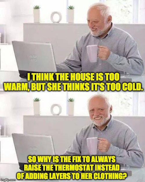 Hide the Pain Harold Meme | I THINK THE HOUSE IS TOO WARM, BUT SHE THINKS IT'S TOO COLD. SO WHY IS THE FIX TO ALWAYS RAISE THE THERMOSTAT INSTEAD OF ADDING LAYERS TO HER CLOTHING? | image tagged in memes,hide the pain harold | made w/ Imgflip meme maker