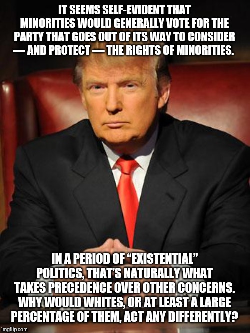 Serious Trump | IT SEEMS SELF-EVIDENT THAT MINORITIES WOULD GENERALLY VOTE FOR THE PARTY THAT GOES OUT OF ITS WAY TO CONSIDER — AND PROTECT — THE RIGHTS OF MINORITIES. IN A PERIOD OF “EXISTENTIAL” POLITICS, THAT’S NATURALLY WHAT TAKES PRECEDENCE OVER OTHER CONCERNS. WHY WOULD WHITES, OR AT LEAST A LARGE PERCENTAGE OF THEM, ACT ANY DIFFERENTLY? | image tagged in serious trump | made w/ Imgflip meme maker