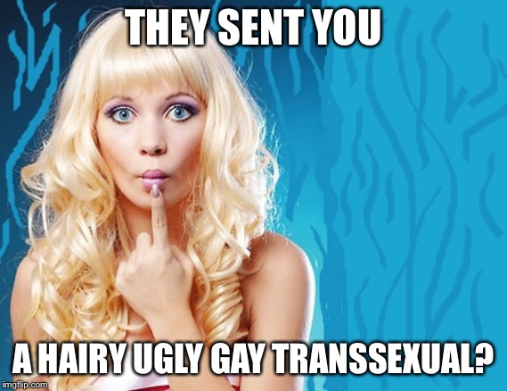 ditzy blonde | THEY SENT YOU A HAIRY UGLY GAY TRANSSEXUAL? | image tagged in ditzy blonde | made w/ Imgflip meme maker