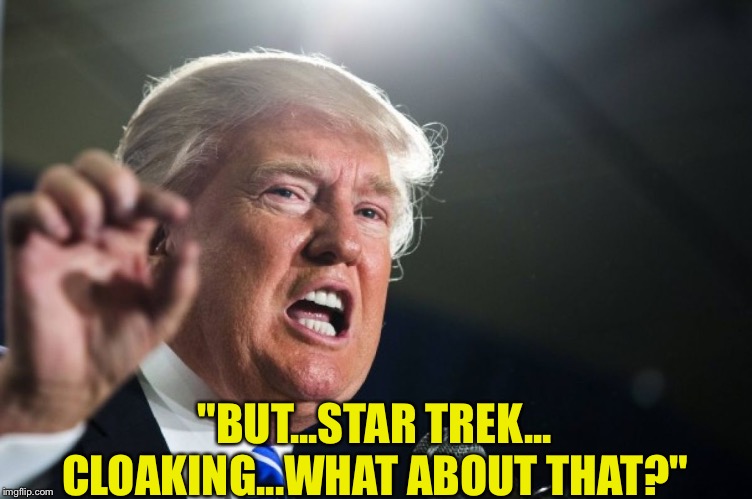 donald trump | "BUT...STAR TREK...
CLOAKING...WHAT ABOUT THAT?" | image tagged in donald trump | made w/ Imgflip meme maker
