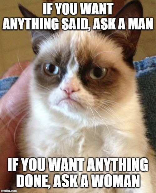 Grumpy Cat Meme | IF YOU WANT ANYTHING SAID, ASK A MAN; IF YOU WANT ANYTHING DONE, ASK A WOMAN | image tagged in memes,grumpy cat,margaret thatcher | made w/ Imgflip meme maker