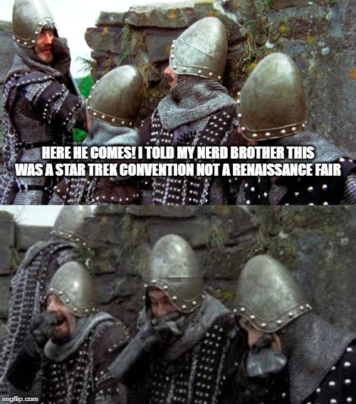 HERE HE COMES! I TOLD MY NERD BROTHER THIS WAS A STAR TREK CONVENTION NOT A RENAISSANCE FAIR | image tagged in monty python holy grail french castle,monty python holy grail | made w/ Imgflip meme maker