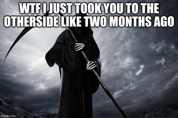 Death | WTF I JUST TOOK YOU TO THE OTHERSIDE LIKE TWO MONTHS AGO | image tagged in death | made w/ Imgflip meme maker