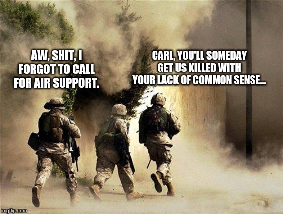 Carl's lack of common sense | CARL, YOU'LL SOMEDAY GET US KILLED WITH YOUR LACK OF COMMON SENSE... AW, SHIT, I FORGOT TO CALL FOR AIR SUPPORT. | image tagged in marines run towards the sound of chaos that's nice the army ta | made w/ Imgflip meme maker