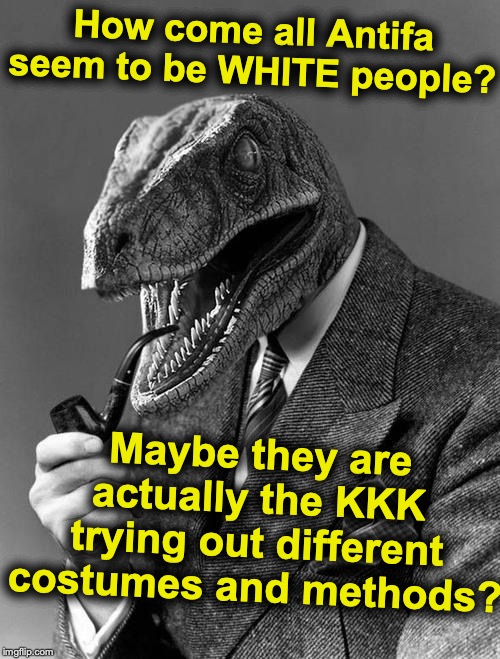 Philosoraptor | How come all Antifa seem to be WHITE people? Maybe they are actually the KKK trying out different costumes and methods? | image tagged in philosoraptor | made w/ Imgflip meme maker