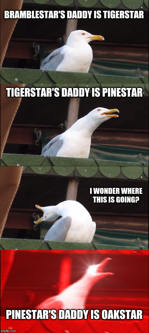 Inhaling Seagull Meme | BRAMBLESTAR'S DADDY IS TIGERSTAR; TIGERSTAR'S DADDY IS PINESTAR; I WONDER WHERE THIS IS GOING? PINESTAR'S DADDY IS OAKSTAR | image tagged in memes,inhaling seagull | made w/ Imgflip meme maker
