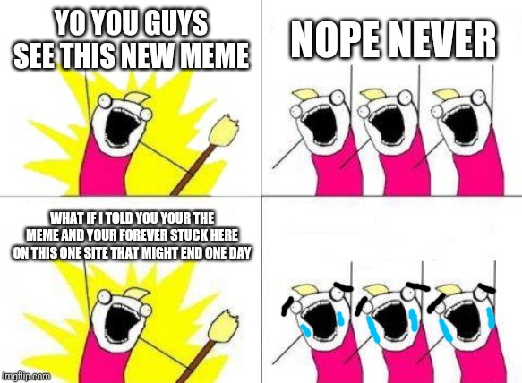 What Do We Want Meme | YO YOU GUYS SEE THIS NEW MEME; NOPE NEVER; WHAT IF I TOLD YOU YOUR THE MEME AND YOUR FOREVER STUCK HERE ON THIS ONE SITE THAT MIGHT END ONE DAY | image tagged in memes,what do we want | made w/ Imgflip meme maker