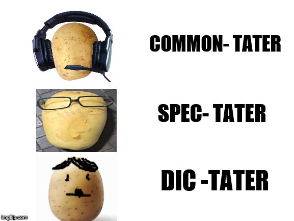 Know your Tator Tots | COMMON- TATER; SPEC- TATER; DIC -TATER | image tagged in blank white template,potatoes,mr potato head | made w/ Imgflip meme maker