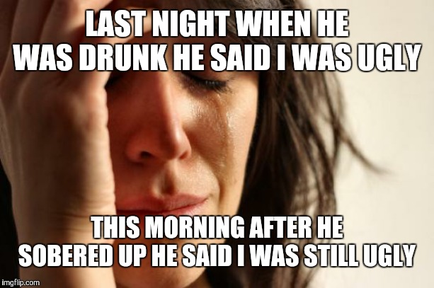 First World Problems | LAST NIGHT WHEN HE WAS DRUNK HE SAID I WAS UGLY; THIS MORNING AFTER HE SOBERED UP HE SAID I WAS STILL UGLY | image tagged in memes,first world problems | made w/ Imgflip meme maker