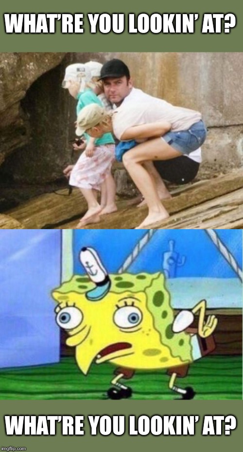 Mocking SpongeDad | WHAT’RE YOU LOOKIN’ AT? WHAT’RE YOU LOOKIN’ AT? | image tagged in memes,mocking spongebob,optical illusion,funny meme | made w/ Imgflip meme maker