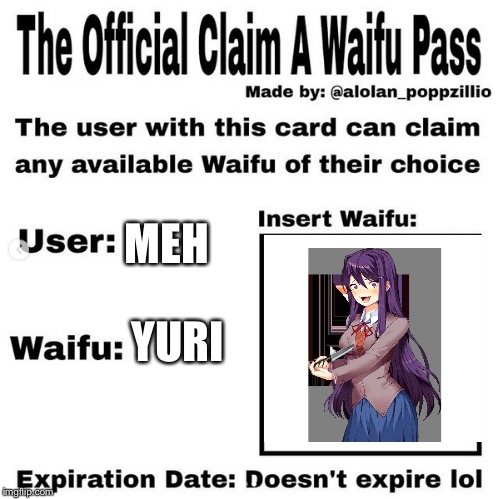 Official claim a waifu pass | MEH; YURI | image tagged in official claim a waifu pass | made w/ Imgflip meme maker