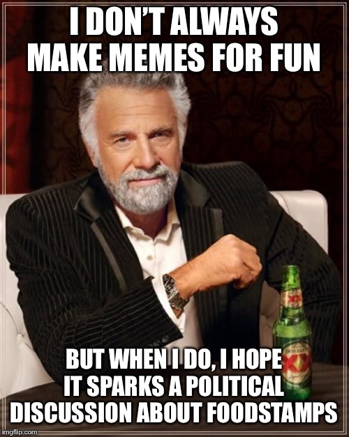 I DON’T ALWAYS MAKE MEMES FOR FUN BUT WHEN I DO, I HOPE IT SPARKS A POLITICAL DISCUSSION ABOUT FOODSTAMPS | image tagged in memes,the most interesting man in the world | made w/ Imgflip meme maker