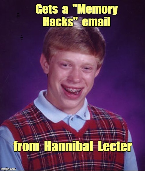Brian, You've Got Mail ! | Gets a "Memory Hacks" email; from Hannibal Lecter | image tagged in funny memes,bad luck brian,sick humor,rick75230,hannibal lecter silence of the lambs | made w/ Imgflip meme maker